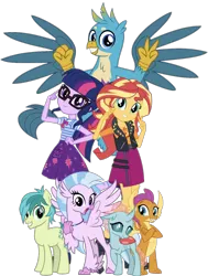 Size: 1160x1536 | Tagged: safe, derpibooru import, editor:superbobiann, gallus, ocellus, sandbar, sci-twi, silverstream, smolder, sunset shimmer, twilight sparkle, changedling, changeling, classical hippogriff, dragon, earth pony, gryphon, hippogriff, pony, equestria girls, equestria girls series, season 8, clothes, dragoness, female, geode of empathy, geode of telekinesis, magical geodes, simple background, transparent background