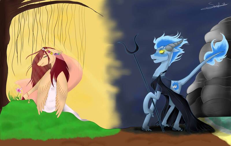 Size: 1754x1112 | Tagged: safe, artist:dreamsfox, derpibooru import, ponified, pony, greek mythology, hades, persephone, tree