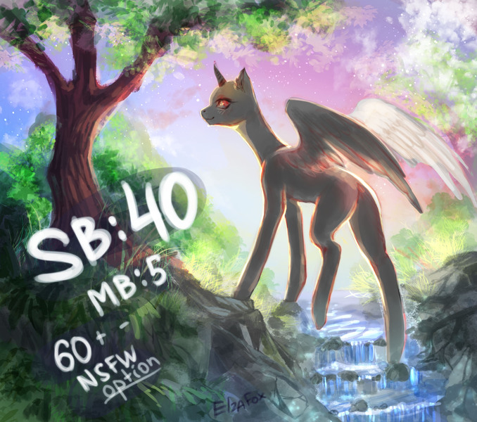 Size: 2300x2036 | Tagged: suggestive, artist:elzafox, derpibooru import, oc, earth pony, pegasus, pony, unicorn, commission, dawn, forest, river, solo, sunset, wings, your character here