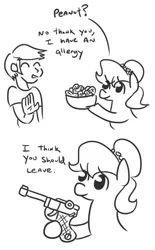 Size: 428x690 | Tagged: artist:jargon scott, black and white, comic, derpibooru import, dialogue, grayscale, gun, hoof hold, human, luger, monochrome, oc, oc:brownie bun, parody, peanut, safe, simple background, unofficial characters only, weapon, white background