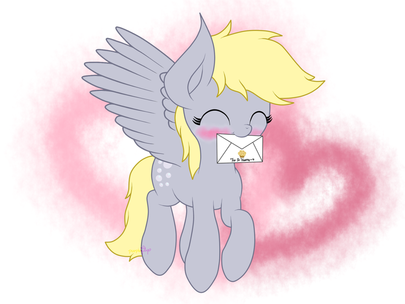 Size: 2048x1536 | Tagged: safe, artist:kimjoman, derpibooru import, derpy hooves, pegasus, pony, blushing, cute, derpabetes, envelope, eyes closed, female, flying, food, happy, heart, heart background, mail, mouth hold, muffin, nom, solo, text