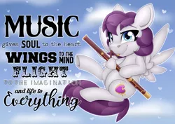 Size: 2383x1683 | Tagged: safe, artist:partylikeanartist, derpibooru import, oc, unofficial characters only, pegasus, pony, bassoon, cloud, flying, music, musical instrument, musician, poster, quote, sky, solo, text