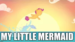 Size: 1280x720 | Tagged: derpibooru import, dolphin, edit, edited screencap, image macro, meme, mermaid, my little pony, pun, safe, scootaloo, screencap, sea-mcs, seaponified, seapony (g4), seapony scootaloo, species swap, surf and/or turf, the little mermaid