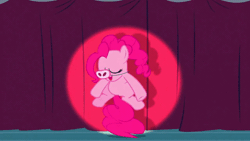Size: 600x338 | Tagged: safe, derpibooru import, edit, edited screencap, screencap, pinkie pie, pig, pony, baby cakes, animated, bouncing, curtains, cute, dancing, looking at you, perfect loop, piggie pie, pinkie being pinkie, pinkie physics, silly, silly pony, solo, spotlight, tail stand