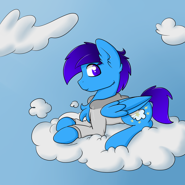 Size: 2000x2000 | Tagged: safe, artist:billysan727, derpibooru import, oc, oc:cloud gazer, unofficial characters only, pegasus, pony, chest fluff, clothes, cloud, cutie mark, ear fluff, hoodie, hooves, lying on a cloud, male, on a cloud, solo, stallion, wings