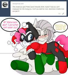 Size: 1819x2010 | Tagged: angry, artist:blackbewhite2k7, ask, blushing, crossover, derpibooru import, fluttershy, flutterypie, harley quinn, hug, misinterpretation, pinkie pie, poison ivy, safe, tumblr