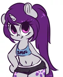 Size: 3031x3690 | Tagged: safe, artist:wickedsilly, derpibooru import, oc, oc:wicked silly, unofficial characters only, pony, unicorn, belly button, clothes, female, mare, midriff, shorts, simple background, smiling, smol, solo, sports bra