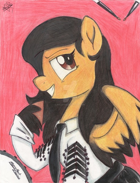 Size: 1600x2086 | Tagged: safe, artist:pollito15, derpibooru import, oc, oc:jennifer miranda, pegasus, pony, clothes, female, marching band uniform, mare, solo, traditional art