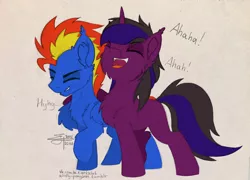 Size: 1280x923 | Tagged: artist:airfly-pony, derpibooru import, digital art, duo, edit, friends, friendship, gift art, laughing, male, oc, oc:dark arreb, oc:wing hurricane, rcf community, safe, sfw edit, sketch, stallion, traditional art, unofficial characters only