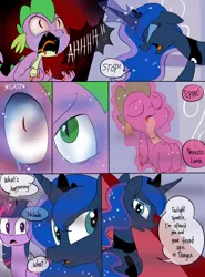 Size: 900x1214 | Tagged: semi-grimdark, artist:emositecc, derpibooru import, princess luna, spike, twilight sparkle, twilight sparkle (alicorn), alicorn, dragon, pony, comic:empty halls, comic, crying, dialogue, faint, female, lava, levitation, magic, male, mare, possessed, screaming, sleeping, telekinesis, this will not end well