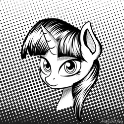 Size: 2000x2000 | Tagged: safe, artist:adagiostring, derpibooru import, twilight sparkle, black and white, bust, cannon, comic style, cute, eye, eyes, grayscale, monochrome, portrait, solo