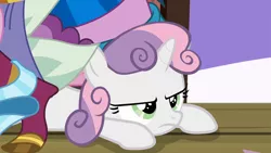 Size: 1920x1080 | Tagged: safe, derpibooru import, screencap, sweetie belle, unicorn, surf and/or turf, grumpy belle, prone, solo, sweetie belle is not amused, unamused
