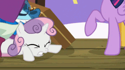 Size: 600x337 | Tagged: safe, derpibooru import, screencap, sweetie belle, twilight sparkle, twilight sparkle (alicorn), alicorn, pony, unicorn, surf and/or turf, animated, annoyed, frown, solo focus, spitting, sweetie belle is not amused, unamused