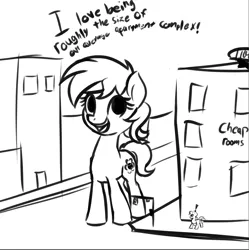 Size: 1020x1025 | Tagged: safe, artist:wenni, derpibooru import, oc, oc:reppy, pony, black and white, building, dialogue, female, giantess, grayscale, macro, mare, monochrome, no catchlights, sketch, smiling, solo focus