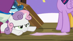 Size: 600x337 | Tagged: alicorn, animated, annoyed, derpibooru import, eating, edit, edited screencap, frown, grumpy belle, pica, reversed, safe, screencap, solo focus, spitting, surf and/or turf, sweetie belle, sweetie belle is not amused, twilight sparkle, twilight sparkle (alicorn), unamused
