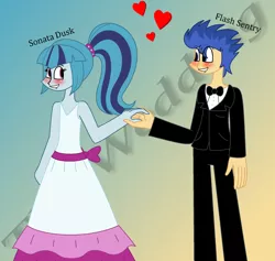 Size: 1976x1872 | Tagged: safe, artist:lovesdrawing721, derpibooru import, flash sentry, sonata dusk, equestria girls, blushing, clothes, dress, female, gradient background, holding hands, looking at each other, male, marriage, senata, shipping, smiling, straight, tuxedo, wedding, wedding dress, white dress
