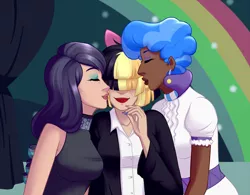 Size: 1200x935 | Tagged: artist:emberfan11, bow, coloratura, colorenade, dark skin, derpibooru import, ear piercing, earring, eyes closed, eyeshadow, female, human, humanized, humanized ponified human, jewelry, kissing, kiss on the cheek, kiss sandwich, lesbian, lipstick, makeup, my little pony: the movie, nail polish, piercing, polyamory, rara, rarabetes, safe, sapphiratura, sapphirebetes, sapphire colorenade, sapphire shores, sapphire songbird, shipping, sia (singer), simple background, songbetes, songbird serenade, trio