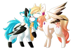 Size: 2170x1440 | Tagged: safe, artist:despotshy, derpibooru import, oc, oc:beatz, oc:ember, unofficial characters only, pegasus, pony, female, hug, mare, simple background, transparent background, two toned wings