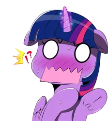 Size: 650x728 | Tagged: dead source, safe, artist:tsudashie, derpibooru import, twilight sparkle, twilight sparkle (alicorn), alicorn, pony, anime, blushing, exclamation point, female, frog (hoof), glowing horn, image, interrobang, looking at you, mare, png, question mark, shocked, simple background, solo, transparent background, underhoof