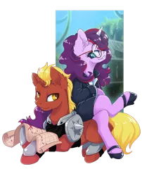 Size: 1024x1270 | Tagged: safe, artist:arctic-fox, derpibooru import, oc, oc:aramau, oc:firebrand, unofficial characters only, pony, unicorn, buckler, commission, crossed legs, female, glasses, high heels, male, map, mare, shield, shoes, simple background, sitting on pony, stallion, transparent background