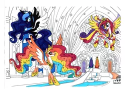 Size: 2338x1654 | Tagged: safe, artist:s1nb0y, derpibooru import, princess cadance, princess celestia, princess luna, pony, alicorn triarchy, coloring book, marker, traditional art