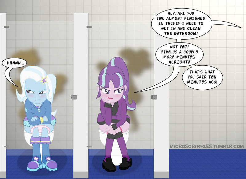 Size: 3000x2180 | Tagged: suggestive, artist:micro, artist:microscribbles, derpibooru import, starlight glimmer, trixie, equestria girls, bathroom, bathroom stall, but why, clothes, equestria girls-ified, fart, fart fetish, fetish, holding head, implied pooping, implied scat, nudity, panties, panties around legs, panties pulled down, pooping together, potty time, scat, school, stink lines, straining, the great and flatulent trixie, toilet, underwear