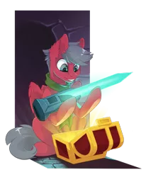 Size: 1024x1245 | Tagged: safe, artist:arctic-fox, derpibooru import, oc, oc:disk, unofficial characters only, pegasus, pony, cave, clothes, commission, cyber sword, kirby, male, megaman, megaman battle network, scarf, simple background, sitting, solo, stallion, sword, transparent background, treasure chest, weapon