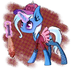 Size: 1861x1861 | Tagged: artist:lixthefork, baseball bat, blood, cap, derpibooru import, fishnets, hat, nail, semi-grimdark, simple background, solo, transparent background, trixie