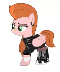 Size: 4000x4800 | Tagged: safe, derpibooru import, oc, oc:road rash, unofficial characters only, pegasus, pony, base used, belts, biker, boots, clothes, converse, ear piercing, female, jacket, leather jacket, makeup, mare, mullet, piercing, redhead, shoes, simple background, sneakers, socks, solo, stockings, thigh highs, white background