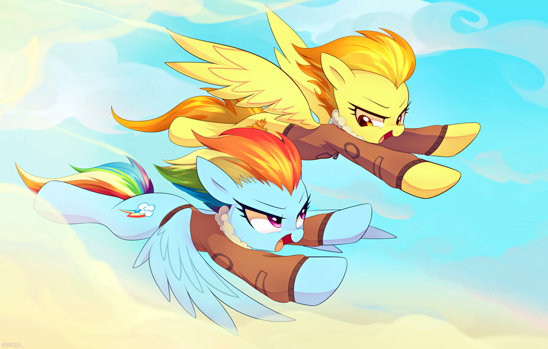 Size: 6698x4263 | Tagged: safe, artist:maren, derpibooru import, rainbow dash, spitfire, pegasus, pony, absurd resolution, bomber jacket, clothes, cloud, commission, duo, female, flying, jacket, looking at each other, mare, smiling, spread wings, wings