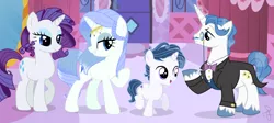 Size: 2347x1056 | Tagged: safe, artist:ilaria122, derpibooru import, fancypants, rarity, oc, oc:sapphire blue, oc:shiny stone, unicorn, female, filly, jewelry, male, mare, next generation, offspring, parent:fancypants, parent:rarity, parents:raripants, simple background, stallion, tiara