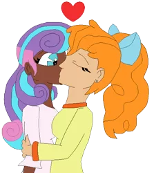 Size: 522x584 | Tagged: safe, artist:icey-wicey-1517, artist:sabri2000, derpibooru import, princess flurry heart, pumpkin cake, human, bow, collaboration, colored, dark skin, duo, ear piercing, earring, eyes closed, female, heart, hug, humanized, jewelry, kissing, lesbian, older, older flurry heart, older pumpkin cake, piercing, pumpkin heart, shipping, simple background, surprise kiss, surprised, transparent background