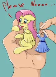 Size: 1440x1998 | Tagged: safe, artist:kittytitikitty, derpibooru import, fluttershy, pegasus, pony, blushing, clothes, cute, dialogue, dress, dressup, embarrassed, female, floppy ears, hand, in goliath's palm, mare, micro, shyabetes, sitting, solo, tiny ponies, wings