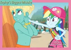 Size: 1024x720 | Tagged: safe, derpibooru import, edit, edited screencap, screencap, rainbow dash, zephyr breeze, blue crushed, equestria girls, equestria girls series, beach, clothes, fimfiction, geode of super speed, magical geodes, partial nudity, rainbow dash is not amused, topless, unamused