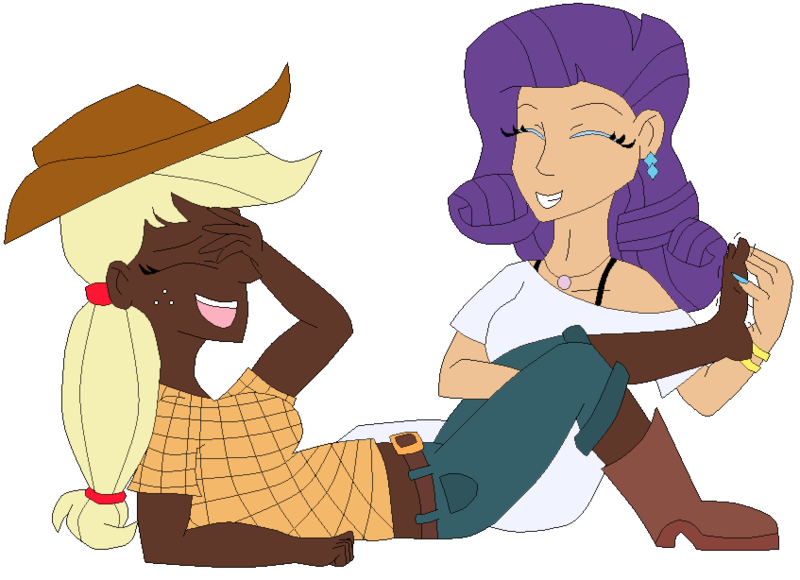 Size: 847x614 | Tagged: safe, artist:icey-wicey-1517, artist:sabri2000, derpibooru import, applejack, rarity, human, barefoot, belt, boots, bracelet, clothes, collaboration, colored, cute, dark skin, ear piercing, earring, eyes closed, eyeshadow, feet, female, fetish, foot fetish, humanized, jackabetes, jeans, jewelry, laughing, lesbian, makeup, necklace, open mouth, pants, piercing, raribetes, rarijack, shipping, shoes, simple background, tickling, transparent background