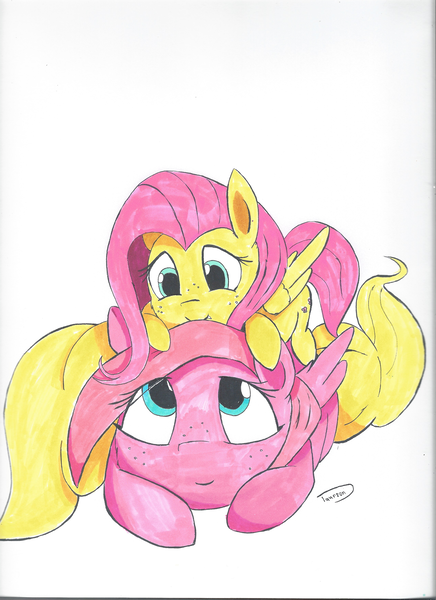 Size: 2550x3507 | Tagged: safe, artist:taurson, derpibooru import, fluttershy, oc, oc:mio, pegasus, pony, duo, folded wings, freckles, looking at each other, pony pile, simple background, traditional art, wings