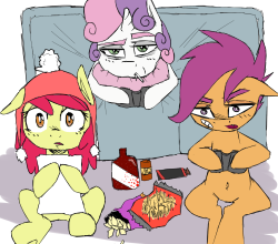 Size: 250x220 | Tagged: alternate hairstyle, anonymous artist, apple bloom, bags under eyes, bandaid, belly button, candy, controller, couch, cutie mark crusaders, derpibooru import, drink, eyebrows, food, hat, hug, picture for breezies, pillow, pillow hug, safe, scootaloo, snacks, sweetie belle, tired, video game