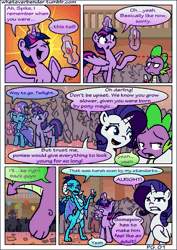 Size: 565x800 | Tagged: suggestive, artist:whateverbender, derpibooru import, princess ember, rarity, spike, trixie, twilight sparkle, twilight sparkle (alicorn), alicorn, dragon, pony, comic:i'm an adult now, animated, comic, crowd, dialogue, emberspike, female, frame by frame, male, shipping, size difference, sparity, straight, this will end in porn