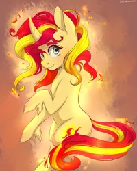 Size: 2000x2500 | Tagged: safe, artist:silbersternenlicht, derpibooru import, sunset shimmer, pony, unicorn, female, gradient background, looking at you, mare, smiling, solo