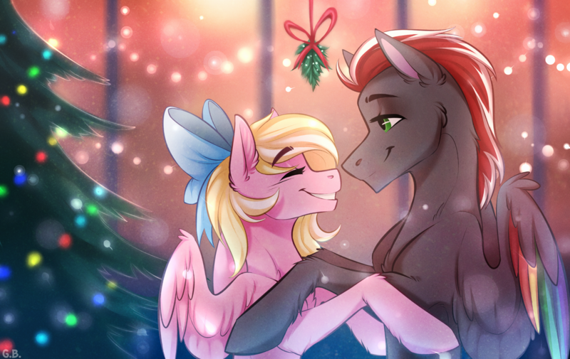 Size: 2518x1588 | Tagged: safe, artist:green brush, artist:green_brush, derpibooru import, oc, oc:bay breeze, oc:mahx, unofficial characters only, pegasus, pony, bahx, bow, christmas, christmas tree, couple, cute, female, hair bow, holiday, looking at each other, male, mistletoe, oc x oc, shipping, smiling, straight, tree