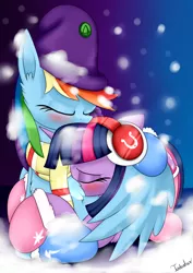 Size: 2480x3507 | Tagged: safe, artist:twidasher, derpibooru import, rainbow dash, twilight sparkle, blushing, chest fluff, clothes, earmuffs, female, hug, lesbian, scarf, shipping, snow, socks, twidash, wing blanket, winghug, winter