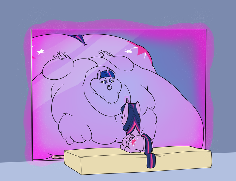 Size: 2994x2295 | Tagged: questionable, artist:calorie, derpibooru import, twilight sparkle, twilight sparkle (alicorn), alicorn, pony, ass, belly, big lips, bingo wings, blob, blobface, chubby cheeks, double chin, duality, fat, fat wings, glowing horn, huge butt, immobile, impossibly large belly, impossibly large butt, impossibly large everything, large butt, magic, magic mirror, mirror, morbidly obese, neck roll, obese, rolls of fat, twilard sparkle