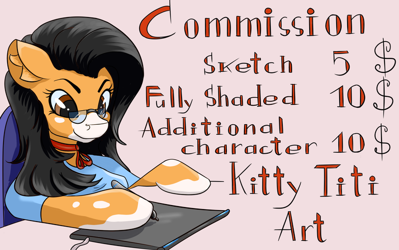 Size: 2300x1440 | Tagged: advertisement, artist:kittytitikitty, colored hooves, commission, derpibooru import, glasses, hoof hold, safe, stylus, tablet