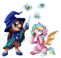 Size: 1024x969 | Tagged: safe, artist:centchi, derpibooru import, oc, oc:paper stars, oc:wizdiana, unofficial characters only, bat pony, pony, bandage, bat pony oc, clothes, derp, dress, female, glasses, hat, hoof hold, magic, magic wand, mare, rainbow hair, shoes, simple background, telekinesis, transparent background, watermark, wide eyes, witch hat