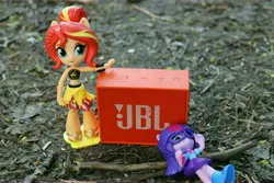 Size: 6000x4000 | Tagged: safe, artist:artofmagicpoland, derpibooru import, sci-twi, sunset shimmer, twilight sparkle, equestria girls, equestria girls series, ad parody, doll, equestria girls minis, jbl, jbl go, parody, product placement, satire, toy