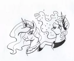 Size: 818x670 | Tagged: safe, artist:kuroneko, derpibooru import, princess celestia, princess luna, alicorn, pony, crying, duo, female, ink drawing, jewelry, laughing, lineart, mare, monochrome, necklace, pouting, royal sisters, simple background, sisters, traditional art, white background