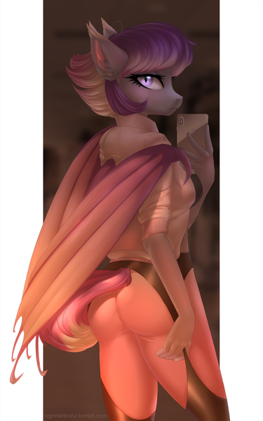 Size: 1500x2400 | Tagged: suggestive, artist:nightskrill, derpibooru import, oc, oc:lucidia dreams, unofficial characters only, anthro, bat pony, anthro oc, ass, bat pony oc, breasts, clothes, commission, digital art, explicit source, female, garter belt leggings, iphone, looking back, mare, mobile phone, pants, phone, slit eyes, smiling, solo, solo female, ych result, yoga pants