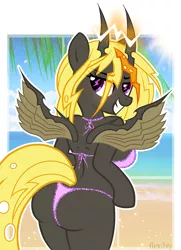 Size: 762x1051 | Tagged: suggestive, artist:flexibly, derpibooru import, oc, oc:armord tempest, unofficial characters only, anthro, changeling, arm hooves, beach, bikini, breasts, clothes, electric changeling, female, horns, lightning pupils, solo, swimsuit, thong swimsuit, wingding eyes, yellow changeling