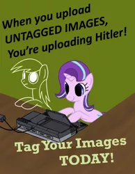 Size: 1200x1546 | Tagged: safe, artist:danatron1, derpibooru import, starlight glimmer, oc, oc:aryanne, ghost, pony, unicorn, derpibooru, adolf hitler, amstrad ppc640, aryan pony, bipedal, computer, cute, dexterous hooves, dilated pupils, female, frown, glimmerbetes, green background, keyboard, leaning, mare, meme, meta, nazi, no catchlights, outline, parody, poster, propaganda, propaganda parody, simple background, smiling, table, tags, text, truth, typing