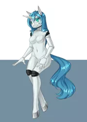 Size: 750x1050 | Tagged: artist needed, safe, derpibooru import, oc, oc:silver heart, unofficial characters only, anthro, robot, robot pony, unguligrade anthro, unicorn, aperture iris, breasts, colored hooves, featureless breasts, hooves